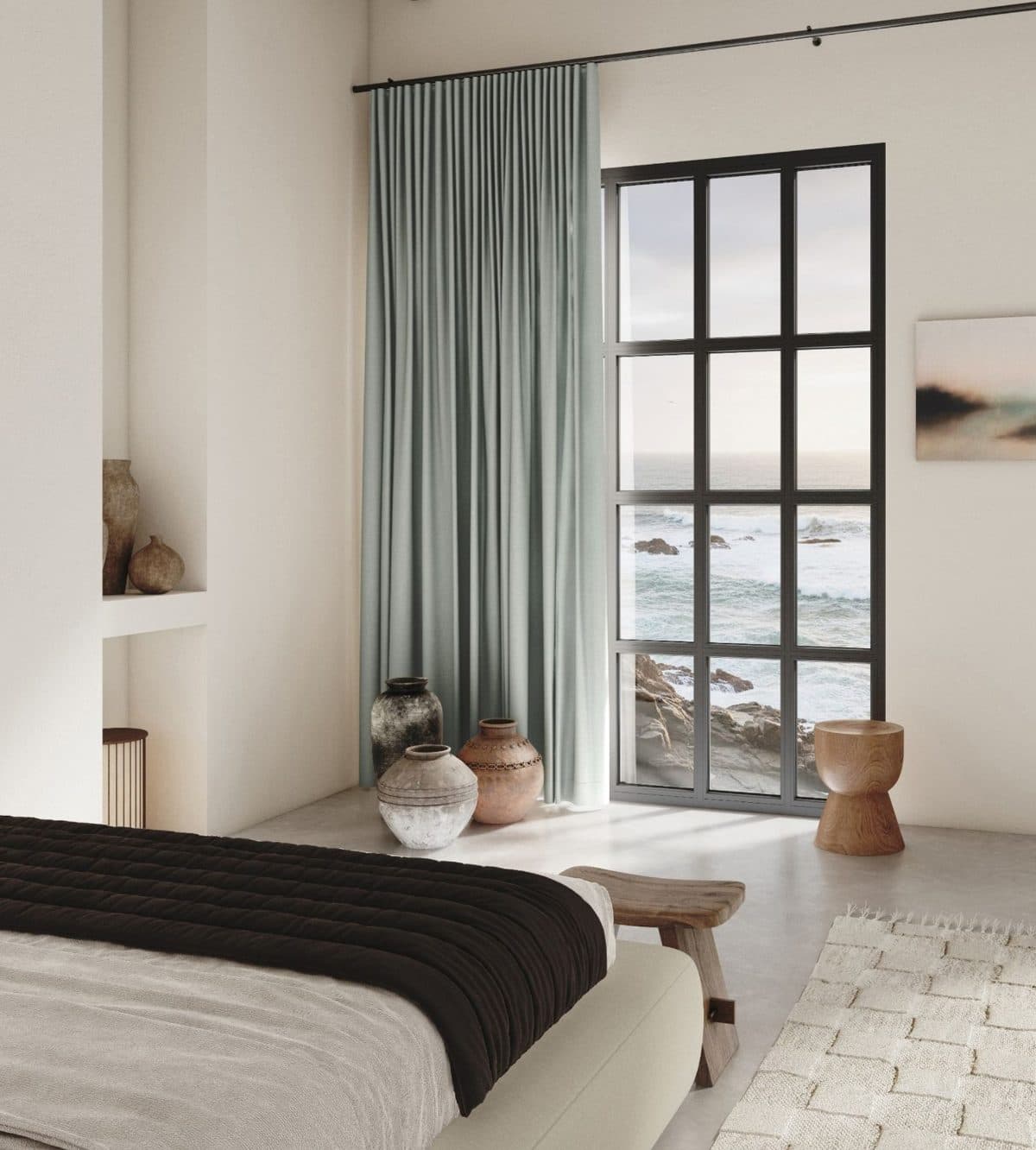 A bedroom interior with Bru curtains, rendered in 3D